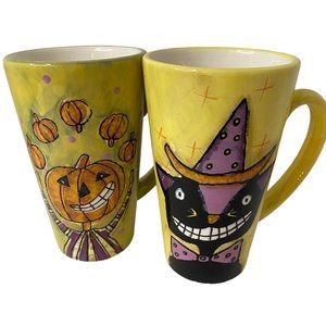 Halloween yellow mugs pumpkin smile face black witch cat‎ coffee tea 6"